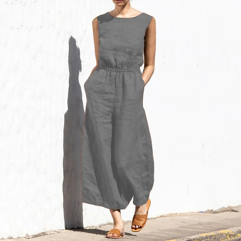 Women Fashion Wide Leg Pant Jumpsuit Summer Casual Solid O- Neck Sleeveless Pocket Playsuit Ladies Loose Boho One-Piece Pants