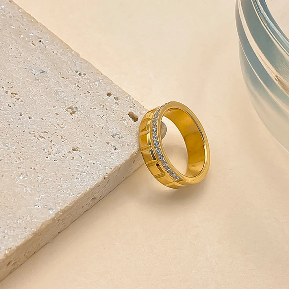 eManco Gorgeous Minimalist Twisted Band Crystal Stainless Steel PVD Ring Gold Color Women's Daily Office Date Trendy Jewelry