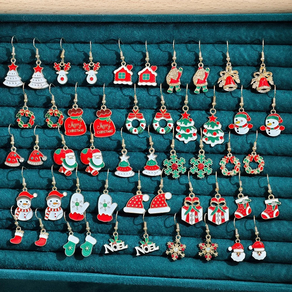 50pcs Cross border New Christmas Earrings Set Santa Snowflake Reindeer Snowman Alloy Oil Drop Earrings Christmas Gift (No Jewelr