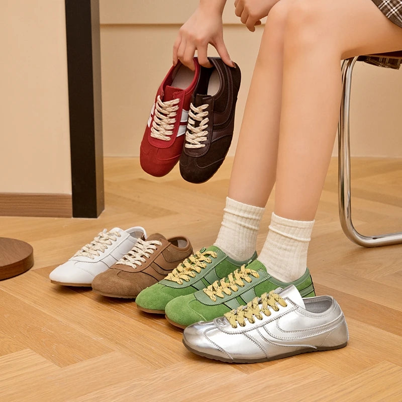 German Training Shoes Women 2025 New Genuine Leather Women Sneakers Flat Lace-up Retro Large Size Forrest Gump Shoes Women