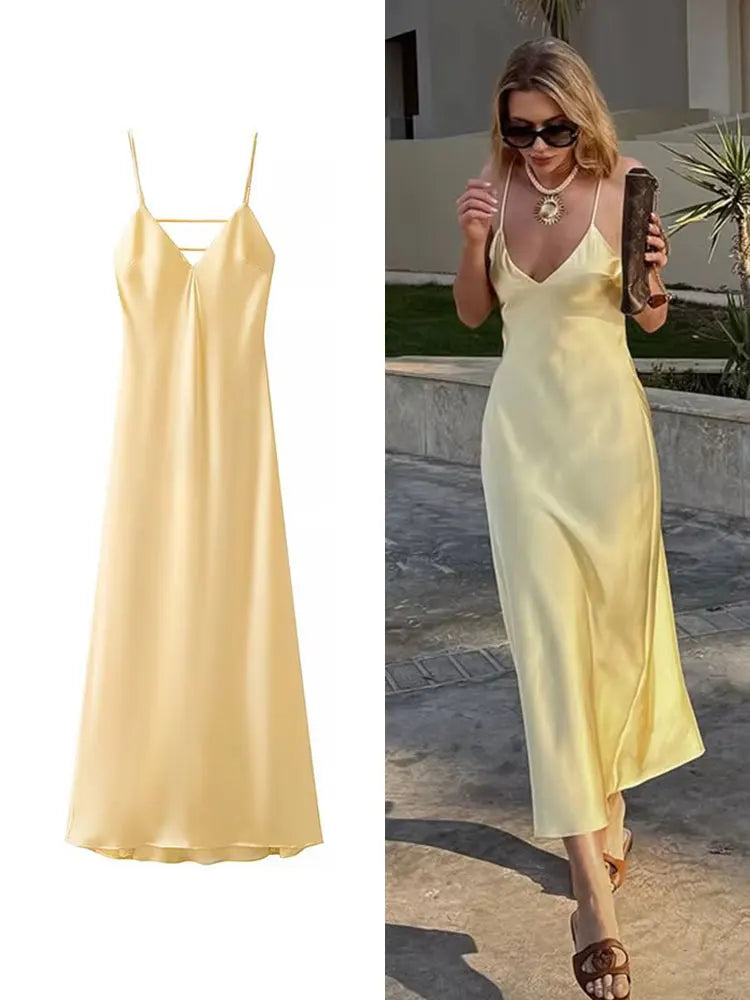 HH Women Summer Yellow Stain V Neck Sling Dress Elegant Sleeveless Loose Maxi Robes 2025 New Ladies Party Holiday Dresses