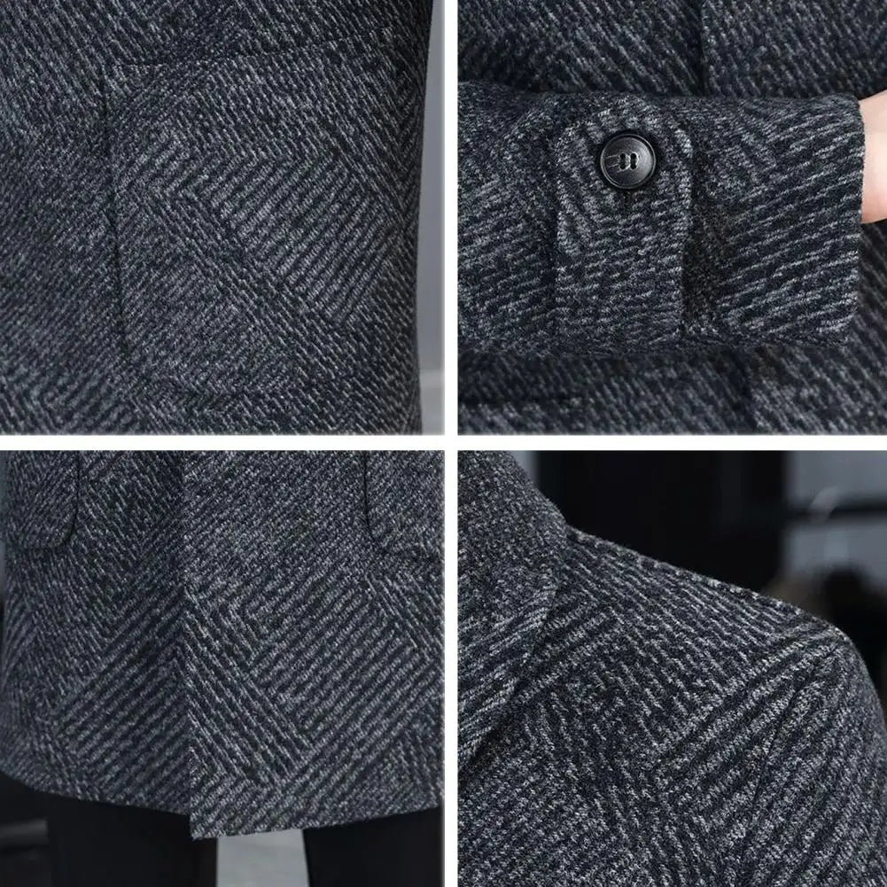 2025 New Men Woolen Coat Lapel Long Sleeve Single Breasted Mid-Length Overcoat with Pockets Casual Daily Wear