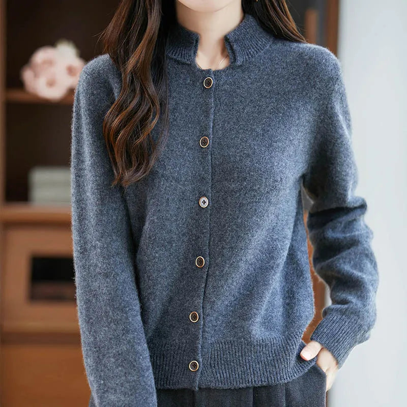 New Autumn And Winter 100% Merino Wool Women's H-neck Cardigan, 2025 Women's Clothing Knitted Korean Style Top YYY-2554