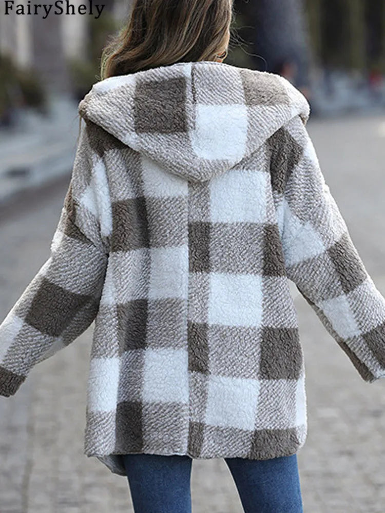 2025 Autumn Winter Women Plush Hooded Jacket Female Elegant Thick Loose Plaid Print Coat Ladies Casual Two-sided Warm Long Coat