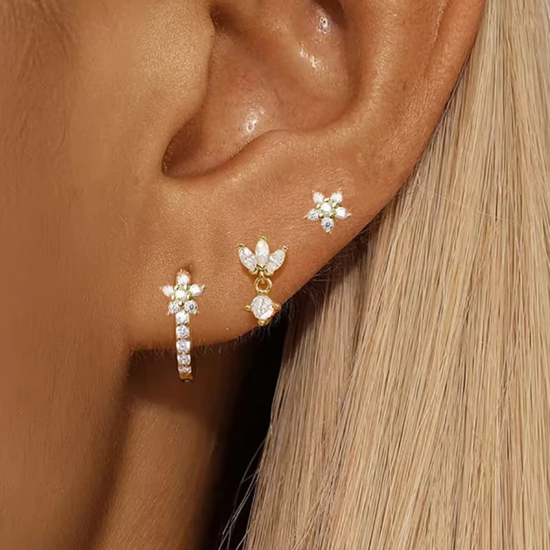 3PCS Flower Huggie Earring Set For Women Tragus Piercing Jewelry Lot Leaf Crystal Cartilage Hoop Earrings Helix Lobe Earing Bulk