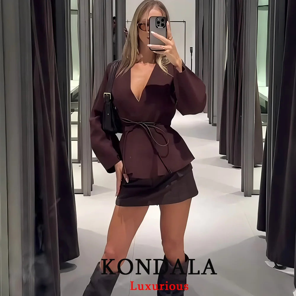 KONDALA Casual Chic Brown Knit Cardigans Women V Neck Long Sleeve Sashes Loose Sweaters Fashion 2025 Fall Winter Office Lady Top
