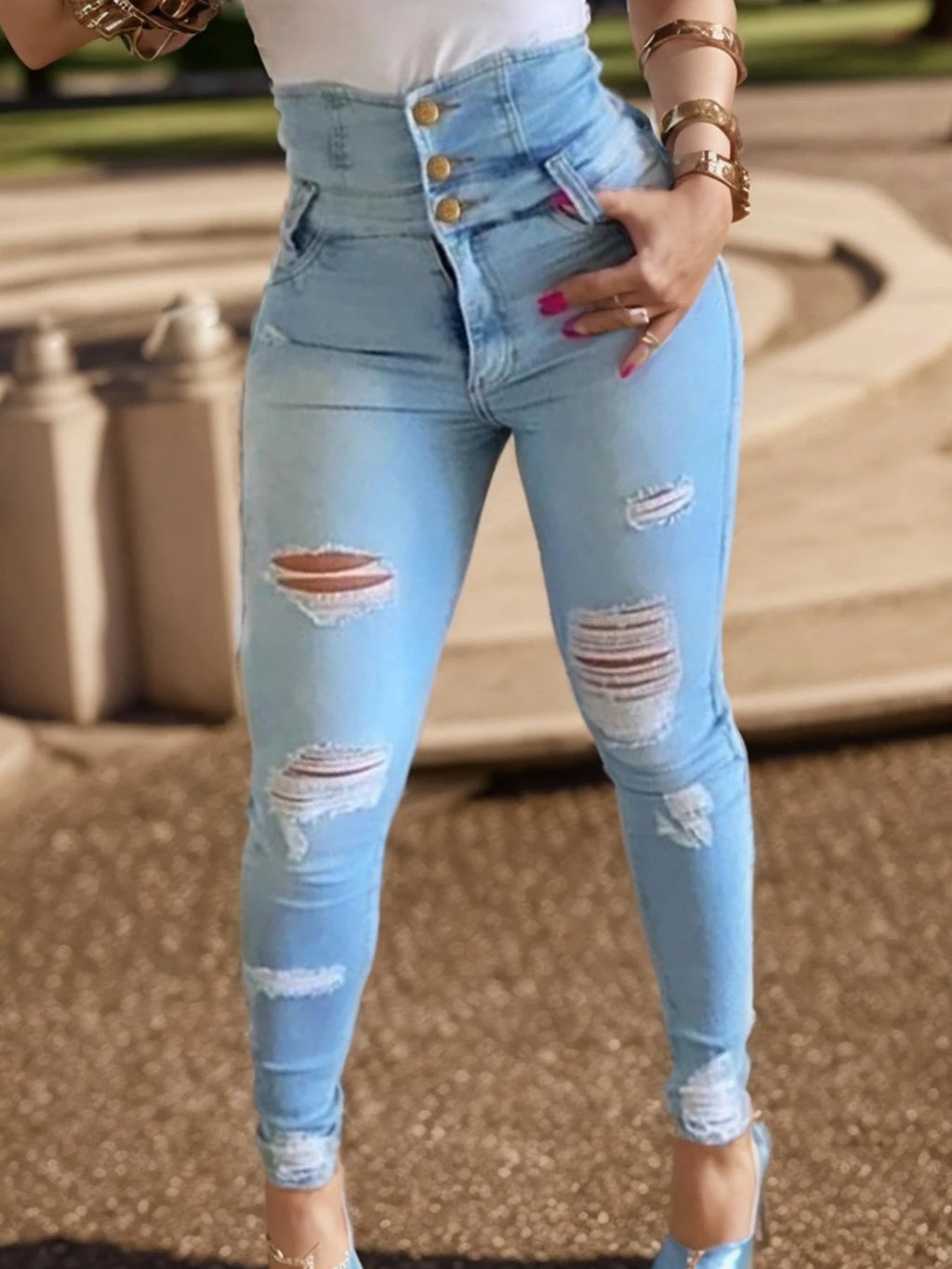 Women's Sexy Hip-Lifting Ripped Skinny Jeans, Fashionable and Casual High-Waisted Single-Breasted Elastic Jeans, Comfortable Fit, Da