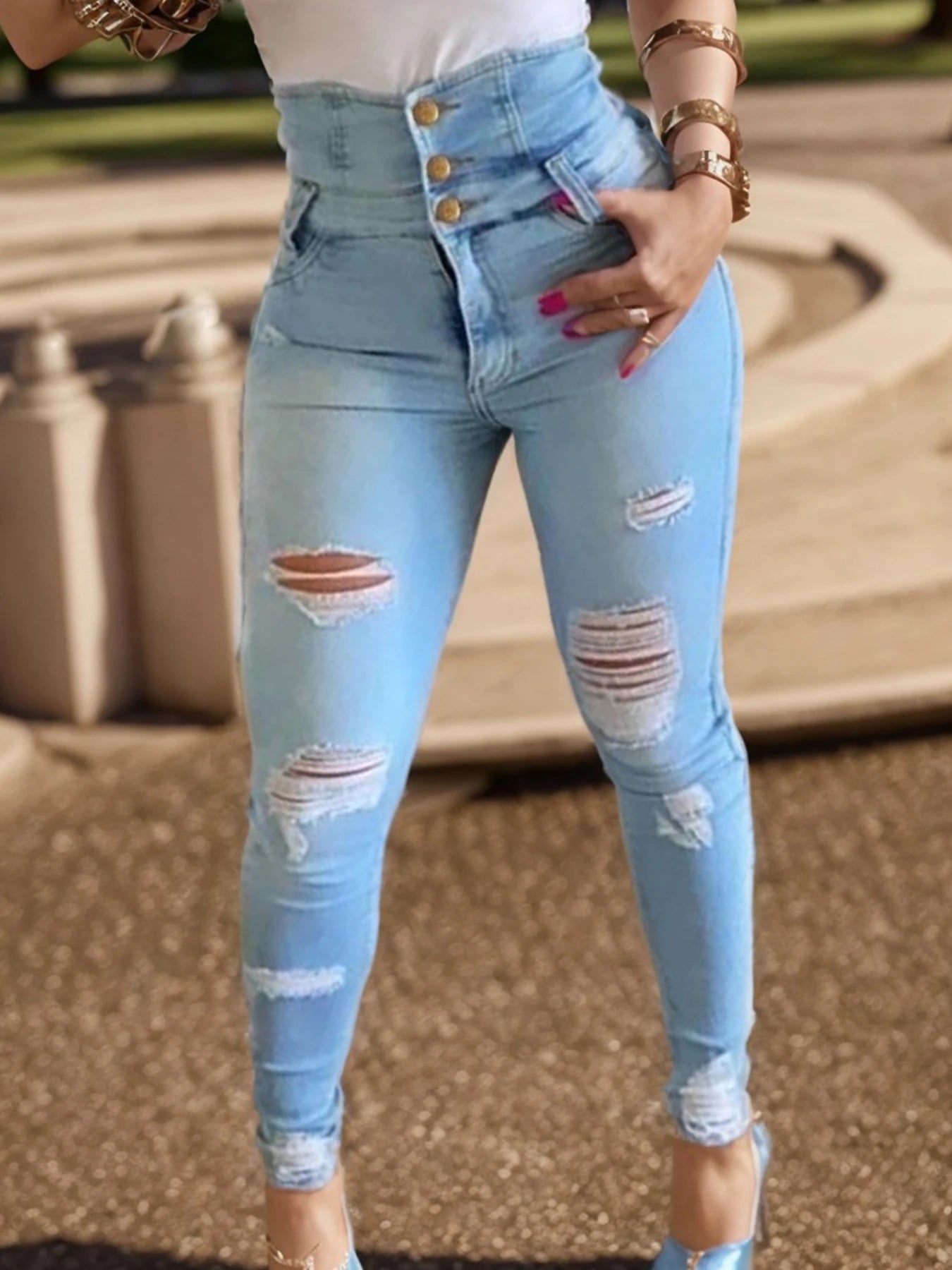 Women's Sexy Hip-Lifting Ripped Skinny Jeans, Fashionable and Casual High-Waisted Single-Breasted Elastic Jeans, Comfortable Fit, Da
