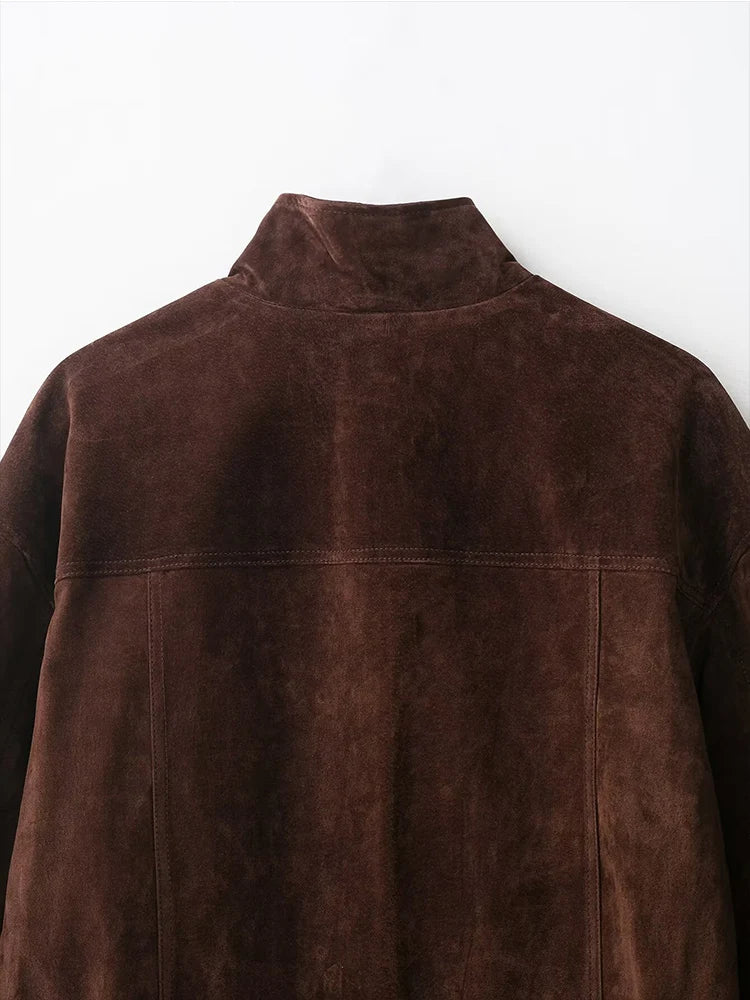 Women Suede Jacket 2025 New Spring Fashion Long Sleeve Zipper Loose Coat Chic Female High Street Outerwear ﻿