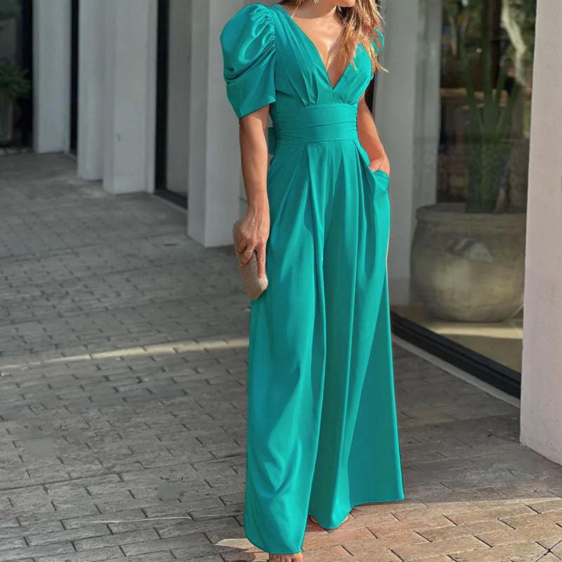 2025 New European American Short-sleeved Fashionable and Elegant Wide-leg Jumpsuits