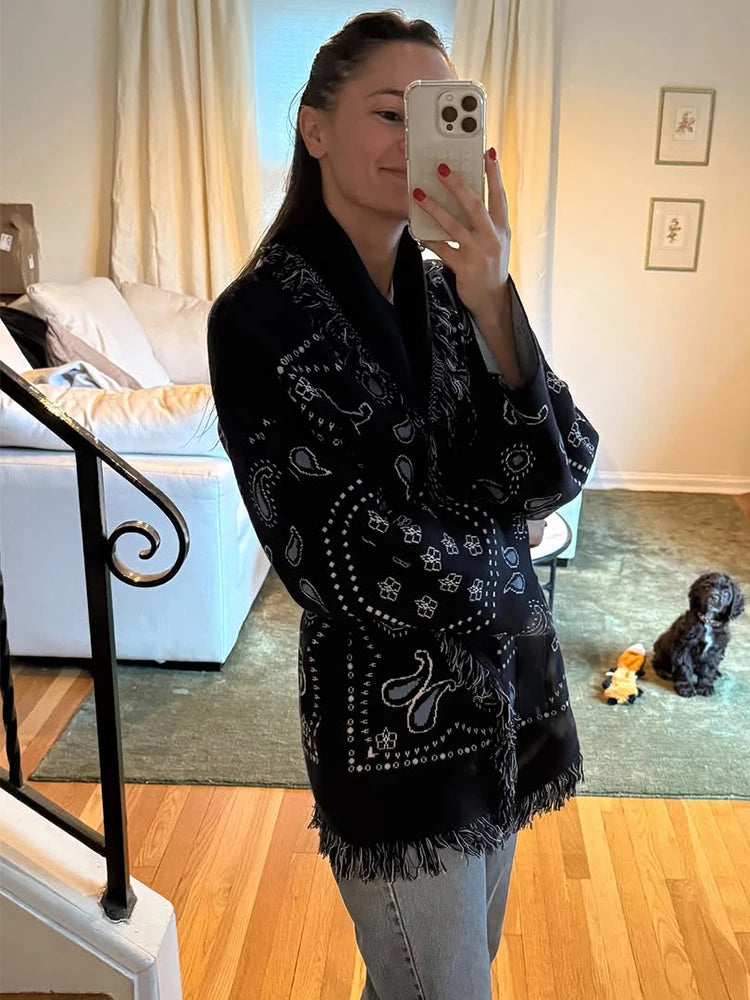 Women Print Knitted Cardigan Casual Chic V-neck Long Sleeve  Single-breasted Return Loose Sweater 2025 Lady Autumn Street Coats
