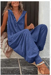 Fashionable Sleeveless Hooded Collar Jumpsuit Women Spring Summer Button Pocket Loose Casual Baggy Pants Jumpsuits Female