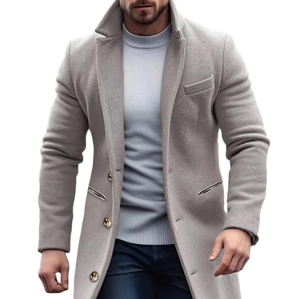 Winter Woolen Coat Men Jacket Elegant Medium and Long Woolen Jacket with Lapel Pockets Slim Solid Color Suit Collar Trench Coat