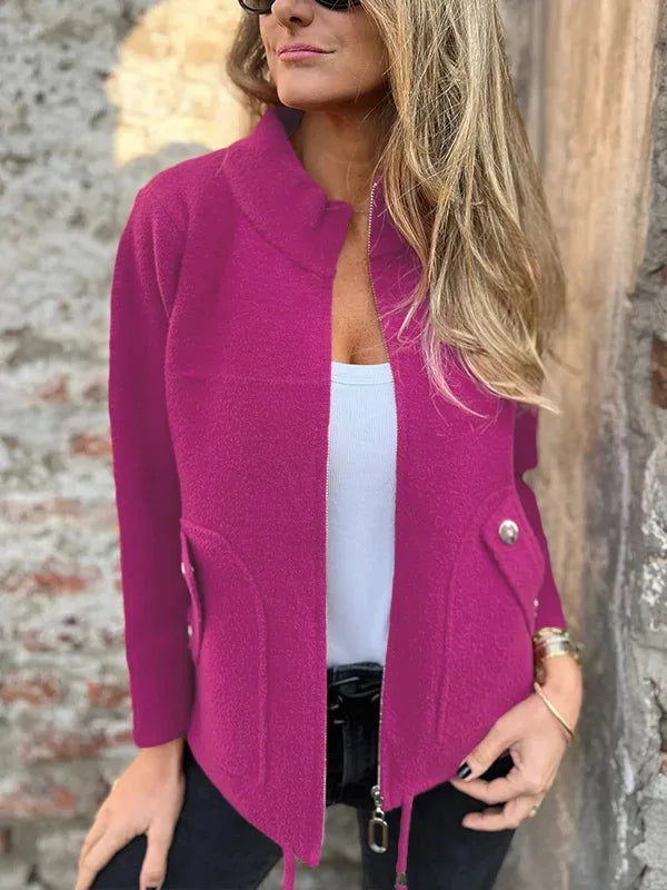 Lightweight Casual Zipper Cardigan Wool Jacket For Women's Autumn Stand Collar Tether Pocket Loose Versatile Female Wool Coat