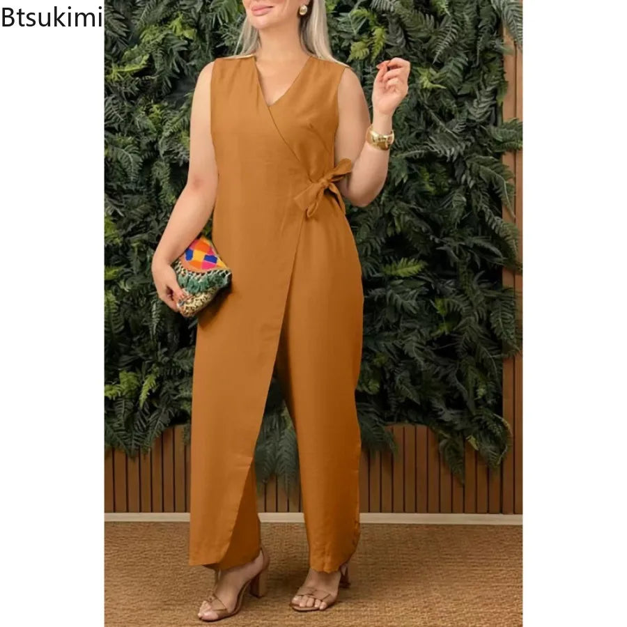 Women's Casual V-neck Cross Strap Jumpsuit Streetwear Loose Romper Elegant Lace Up Sleeveless Hollow Out Solid Office Jumpsuits
