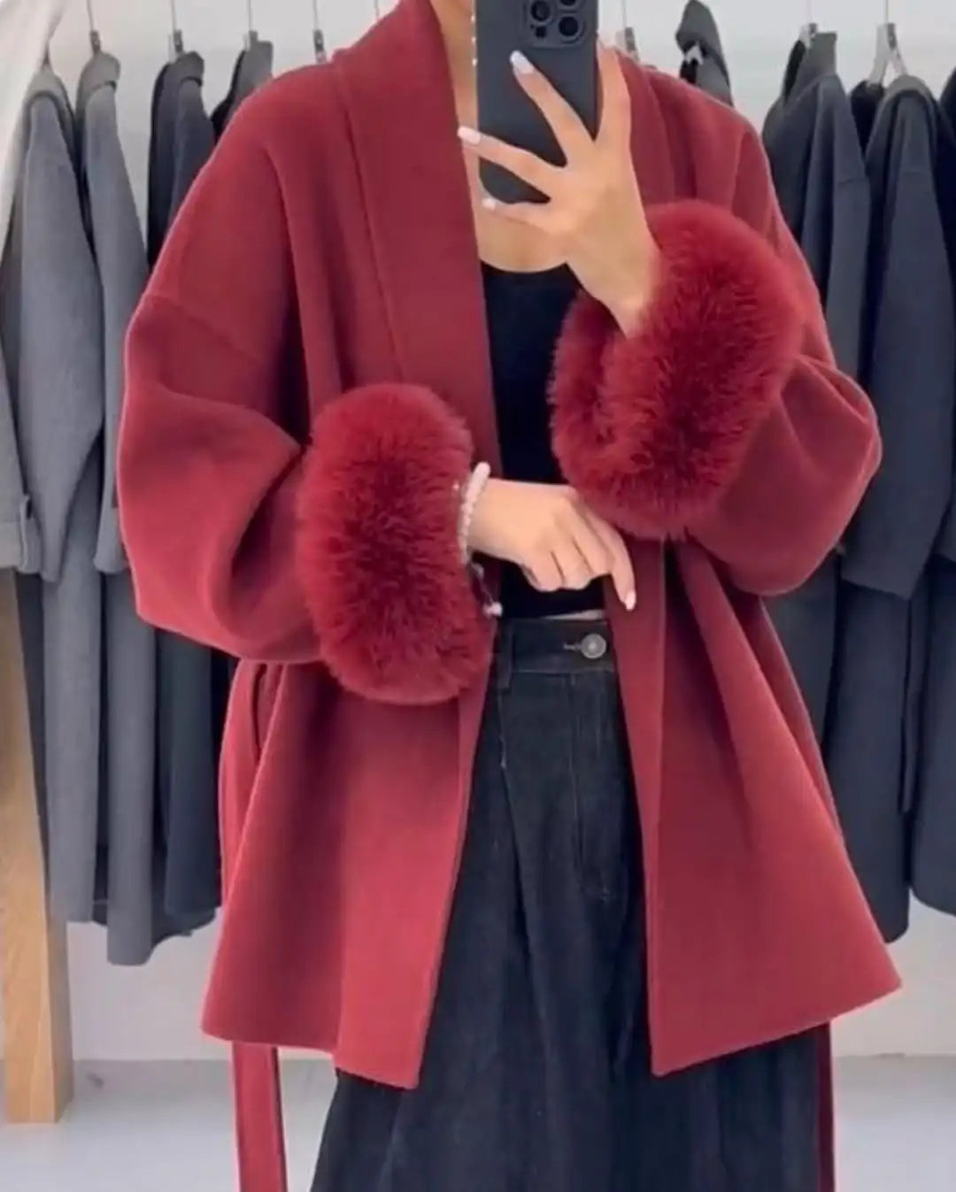 Elegant Lace Up Woolen Coat Women Solid Loose Lapel Furry Belt Long Sleeve Short Jacket 2025 Autumn Winter Lady Cardigan Outwear