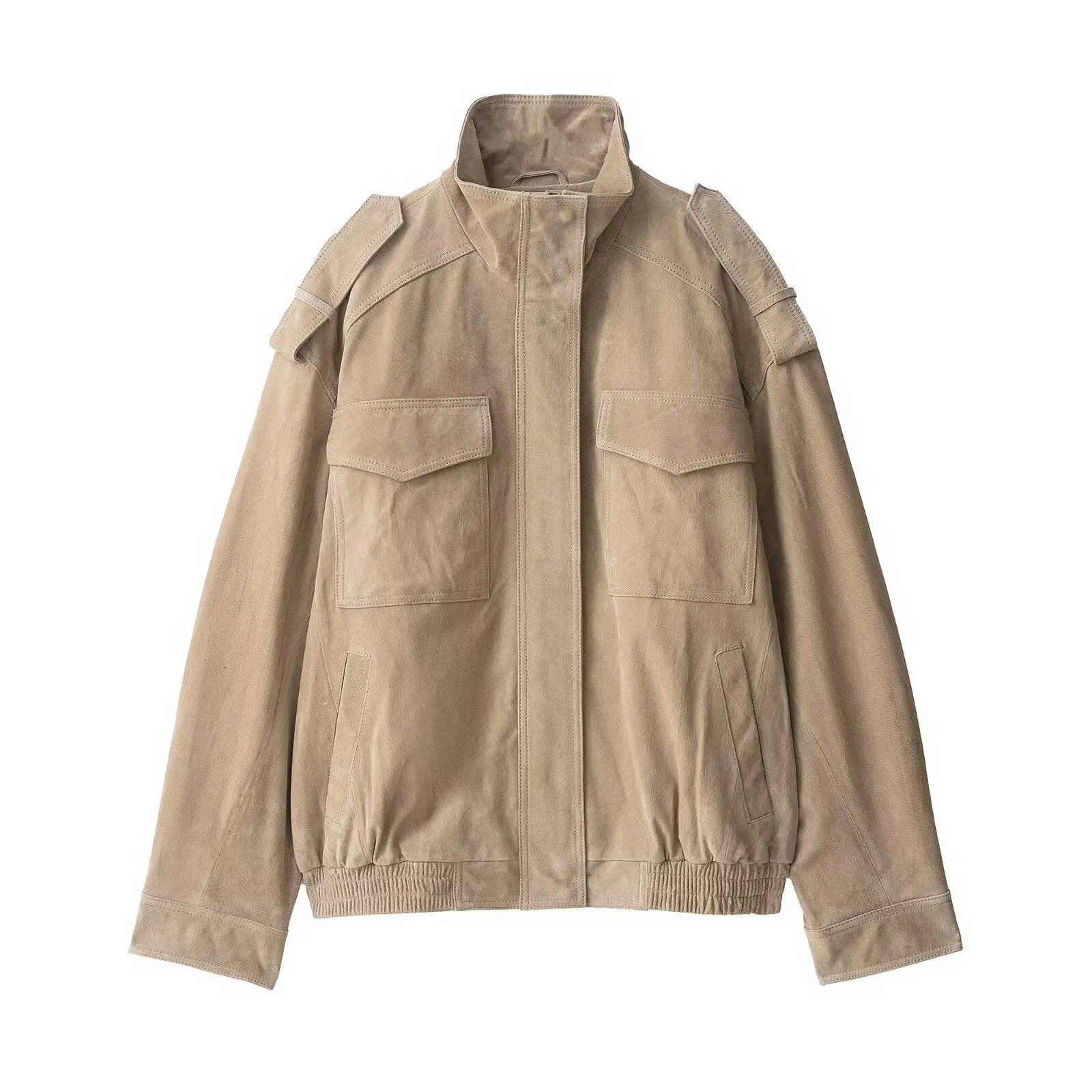 Winter Khaki Suede Leather Women's Jacket Fashion Stand Collar Zippers Pockets Women Coat 2025 Autumn New Female Vintage Outwear