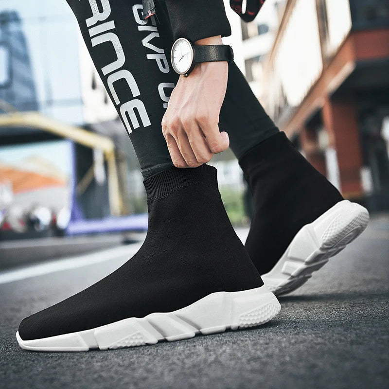 Classic Black High Top Sneakers Men Women Lightweight Socks Couple Casual Sneakers Knit Breathable Slip-on Men's Running Shoes