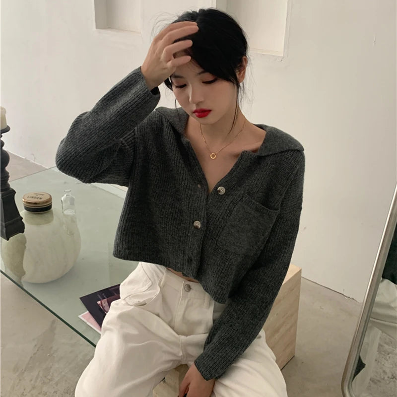Elegant Autumn Winter Knitted Cardigan Short Sweater Women Long Sleeve Jackets Fashion Loose Casual Simple New Solid Short Top