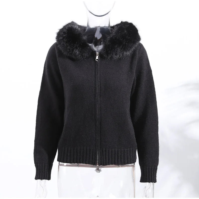 2025 Autumn Winter Women's Knitted Fur Hooded Cardigan Double Zipper Full Sleeve Sweater Fashion Warm Solid All-match Knitwear