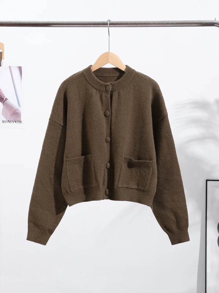 Casual Solid Knitted Cardigan Women O-neck Long Sleeve Single-breasted Pocket Sweater 2025 Autumn Lady Daily Knitwear