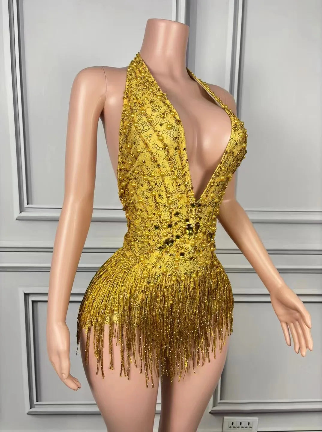 European and American Sexy Deep V Pink Tassel Jumpsuit Gogo Female Singer Stage Collar Dance Costume Car Show Model Performance