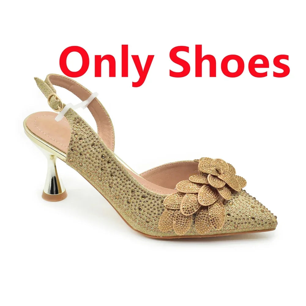 2024 Nigerian Style Rhinestone Medium Heeled Sandals for Women Fashion Wedding Party Shoes and Bags Set with Rhinestone