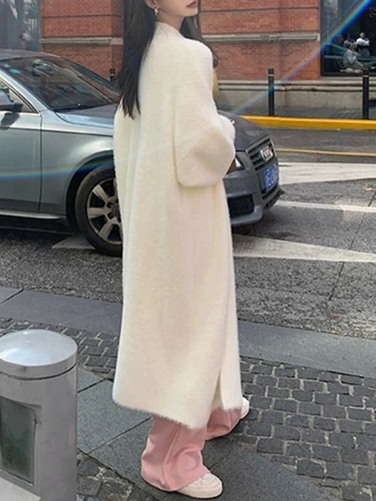 FSMG Elegant Solid Long Pure Imitation Mink Fleece Cardigans Women Knee Length Knitted Cashmere Sweater High Street Warm Coat