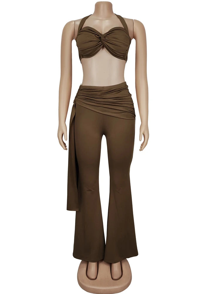 Beyprern New Chic Twist Front Crop Top And Long Straps Wide Legs Pants Set Womens Ruched Metal Tracksuits Set Night Out Overalls