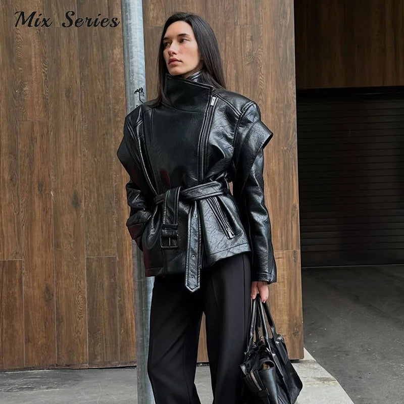 Fashion Solid Leather Jacket Women's Turtleneck Side Zipper Long Sleeve Belted Coat 2025 Autumn New Lady High Street Outerwear