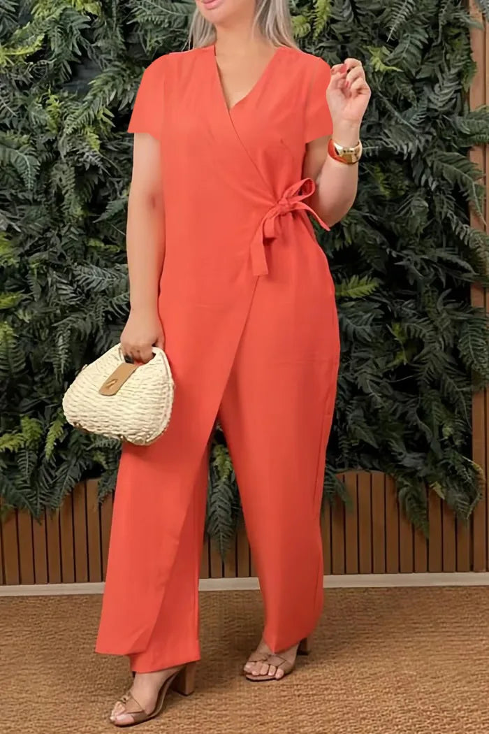 Women's Casual V-neck Cross Strap Jumpsuit Streetwear Loose Romper Elegant Lace Up Sleeveless Hollow Out Solid Office Jumpsuits