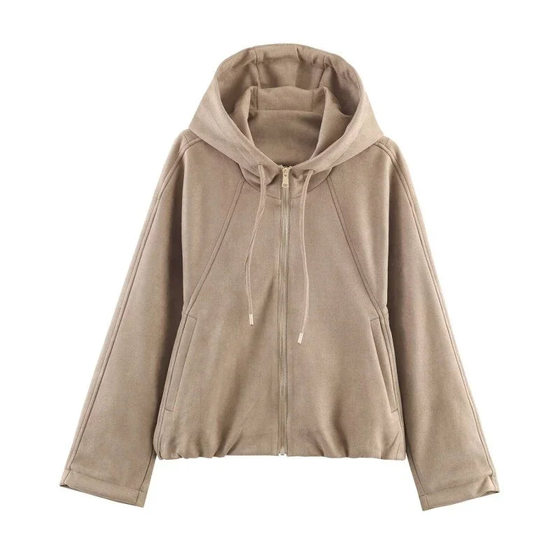 Women's Casual Pilot Hoodie Jacket Suede Surface Warm Zipper Coat Full Sleeves Loose Streetwear Fashion Top