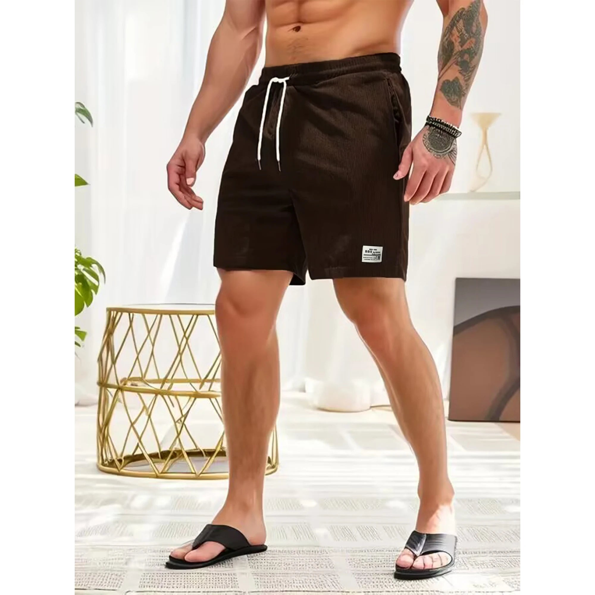 Summer new solid color lace-up sweatpants corduroy simple quarter shorts men's shorts casual pants