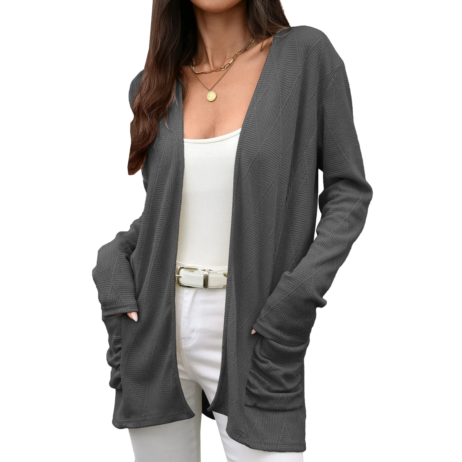Trade Autumn Winter Knitted Open Cardigan Long Sleeve Mid-Length Ladies Coat With Pockets Pure Color