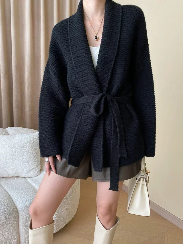 Knitted Cardigan Sweater Loose Lace Up Waist Retraction Oversized Cardigan Autumn New Grey Warm Fashion Coats for Women 2025