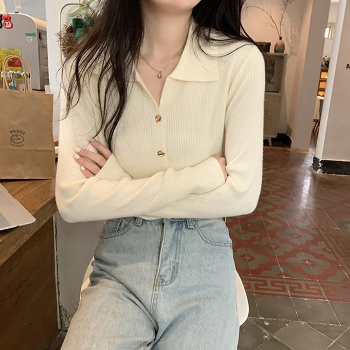 Women Fashion Button Knitted Cardigan Autumn Winter Polo Neck Long Sleeve Solid Knitwear Korean Vintage Casual Street Tops Chic