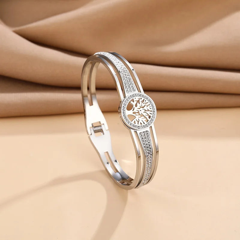 316L Stainless Steel Mud Crystal Micro Embedded Spring Hollow Life Tree Bracelet Women's Bangle