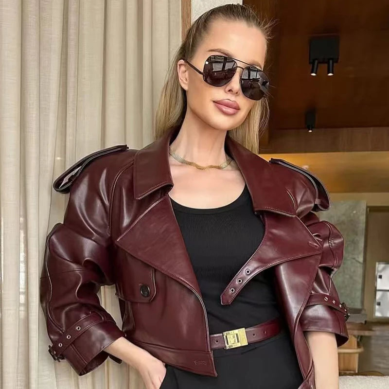 HXAO Cropped Leather Jacket Women's Jacket Autumn 2025 Burgundy Black Outerwears Women's Long Sleeve Top Coat Motorcycle Jacket