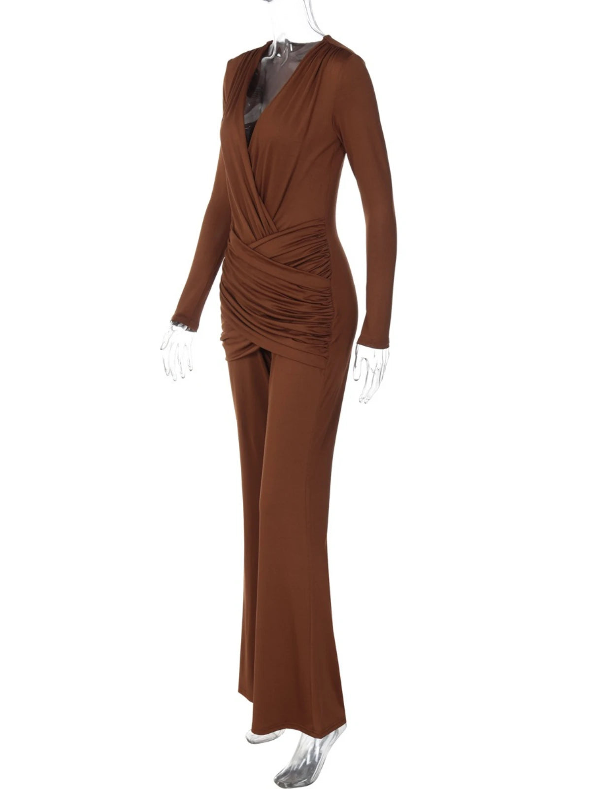 SsTss Solid Sexy Deep V Neck Long Sleeve Jumpsuits for Women 2025 Autumn Fashion Cross Ruched Slim Bodycon Flare Pants Rompers