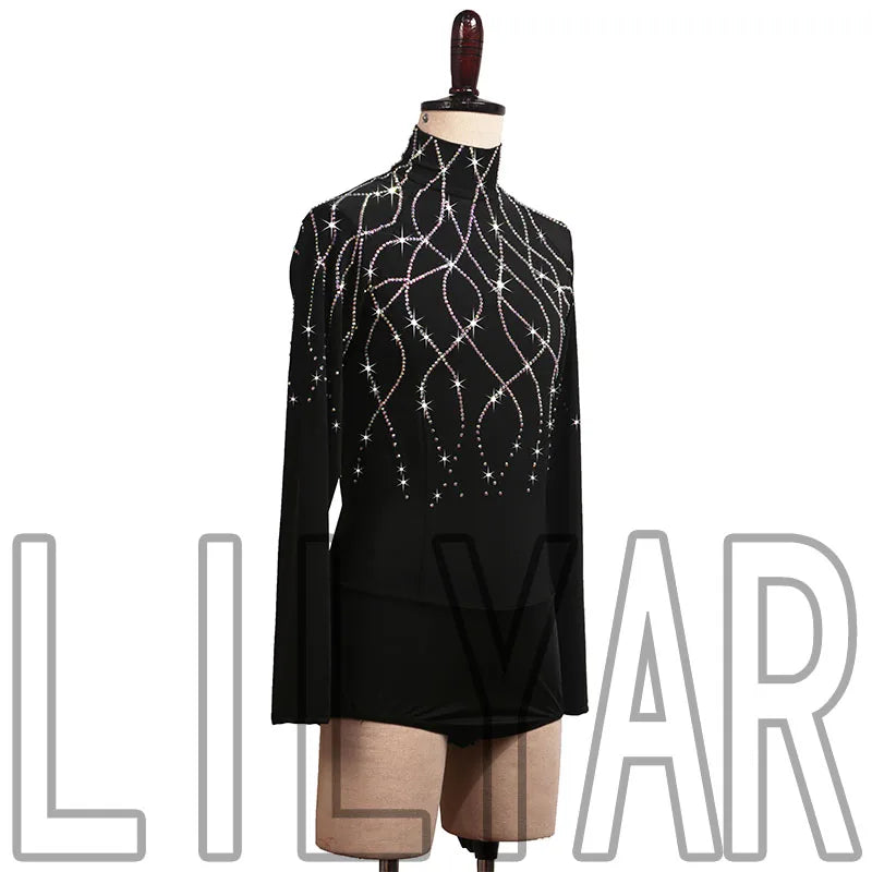 New Man Latin Dance  Performance Competition Performs Adult Black High Neck Long Sleeved Sparkling Diamond Jumpsuit Custom Color