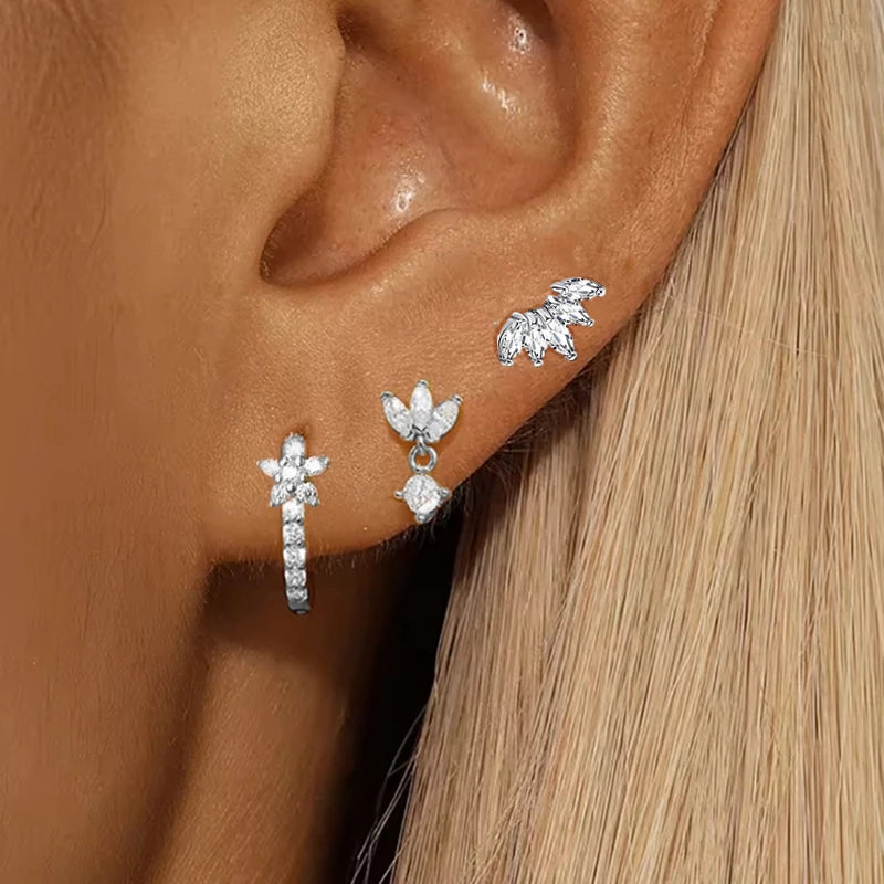3PCS Flower Huggie Earring Set For Women Tragus Piercing Jewelry Lot Leaf Crystal Cartilage Hoop Earrings Helix Lobe Earing Bulk