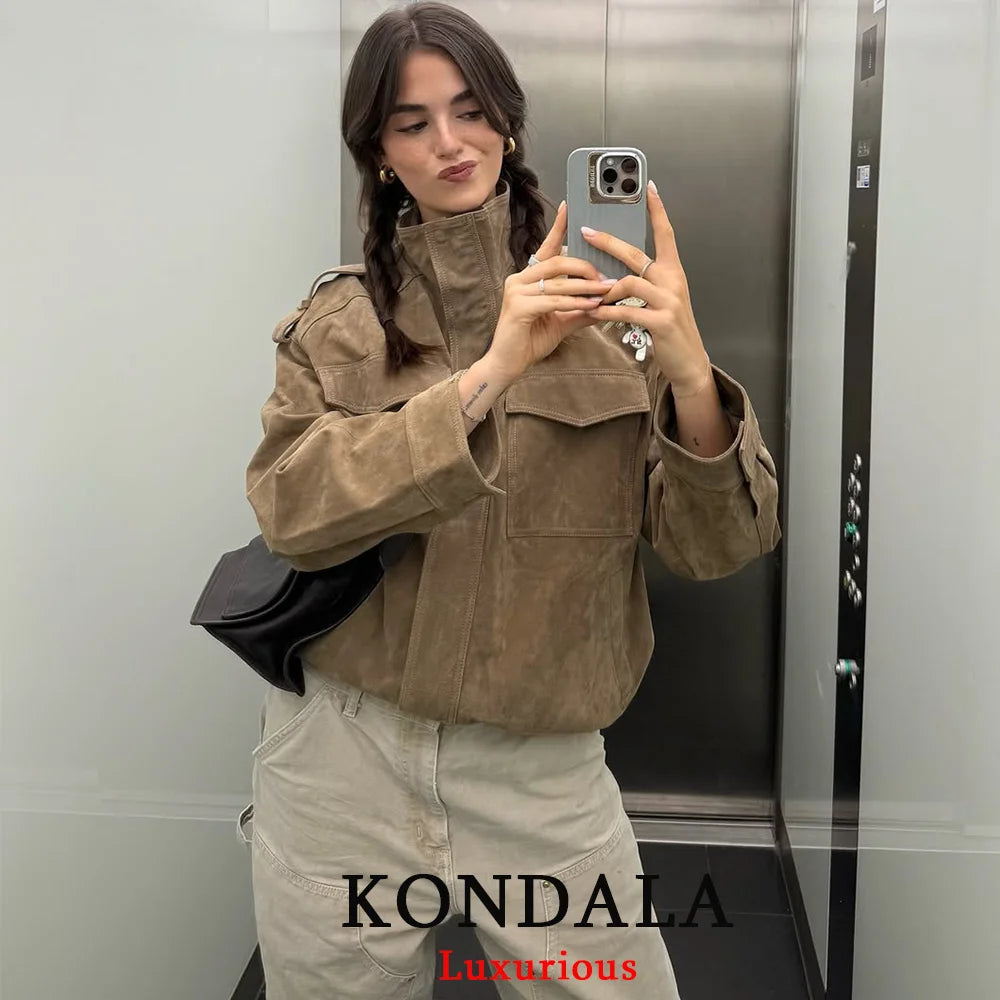 KONDALA Chic Suede Women Bomber Jacket Women Long Sleeve Pockets Straight Loose Coat Fashion 2025 Fall Winter Streetwear Outwear