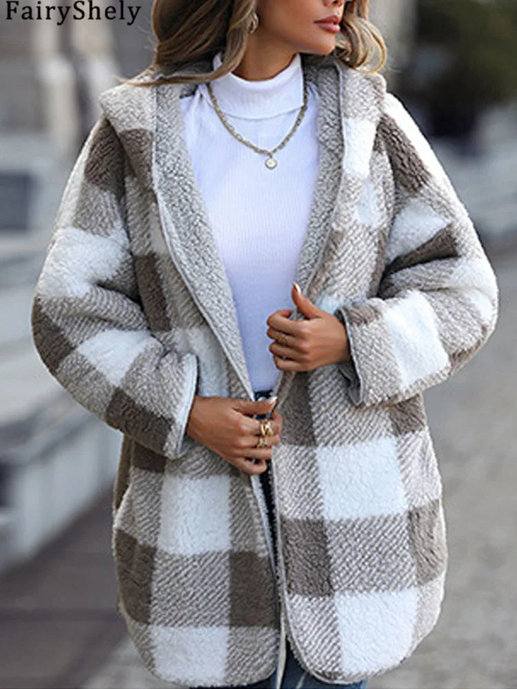 2025 Autumn Winter Women Plush Hooded Jacket Female Elegant Thick Loose Plaid Print Coat Ladies Casual Two-sided Warm Long Coat