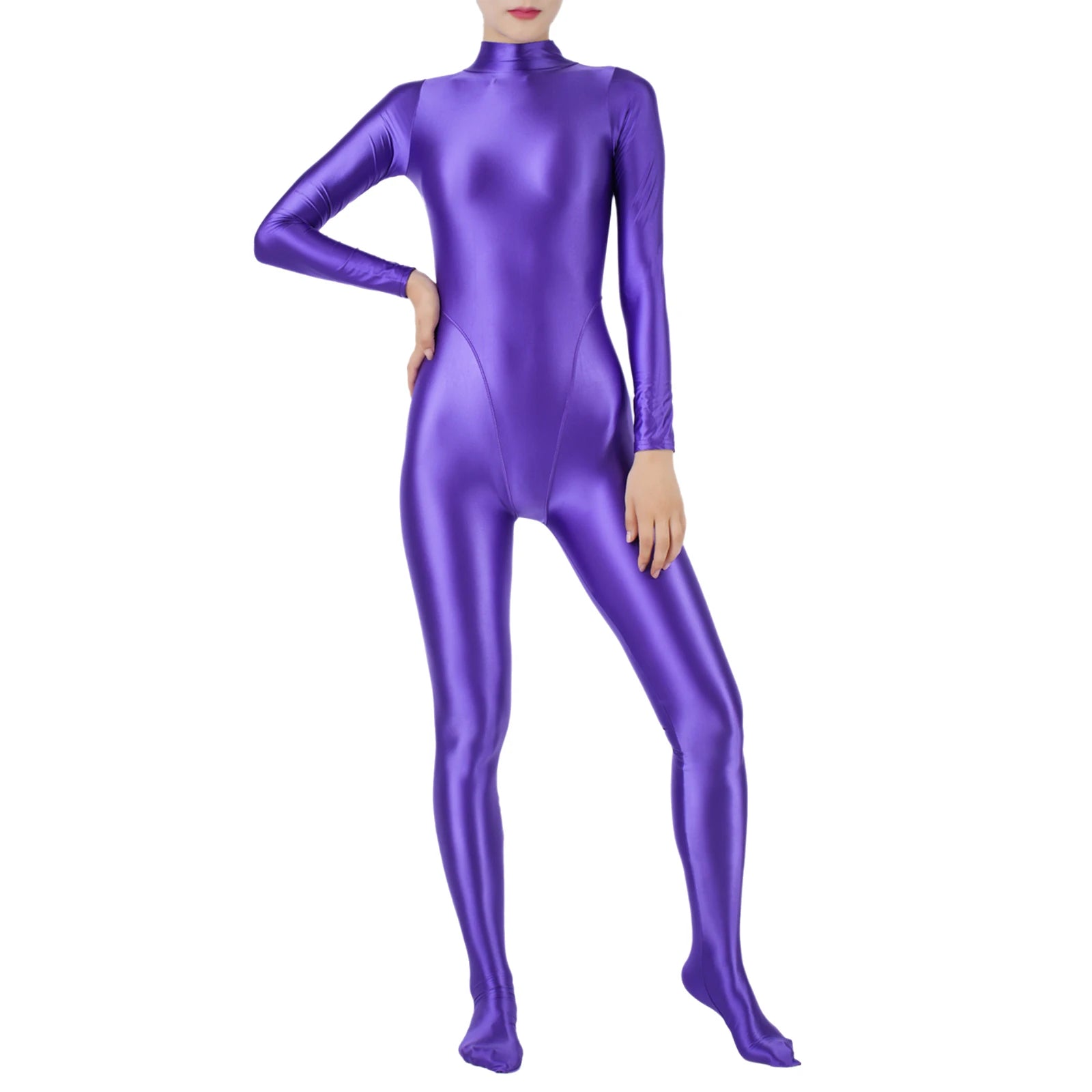 Women Glossy Jumpsuit One Piece Swimsuit Long Sleeve Tights Full Body Bodysuit Workout Fitness Yoga Rash Guard Surfing Swimwear