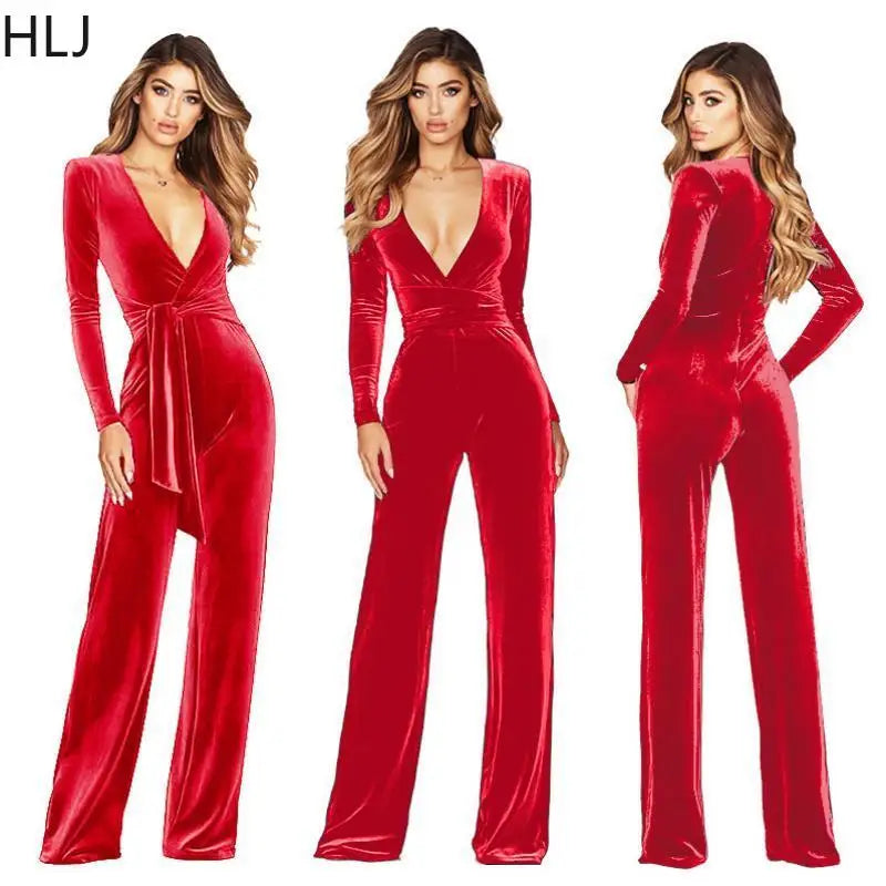 HLJ Elegant Women Velvet Jumpsuits Sexy Deep V Neck One Piece Outfit  Sashes Belted Wide Legs Long Pants Jumpsuit Party Clubwear
