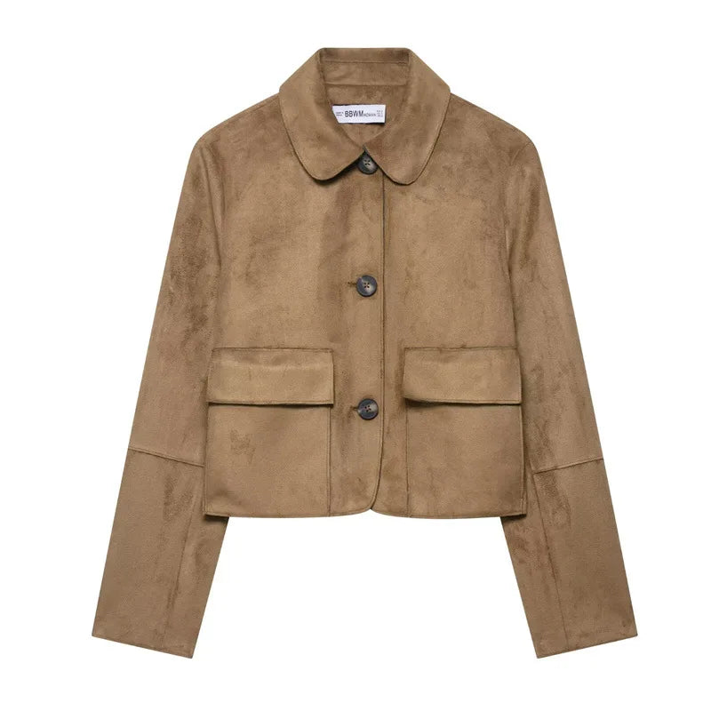Female Elegant Lapel Single-breasted Pockets Decoration Solid Street Style Jackets Women Autumn Vintage Slim Short Jacket