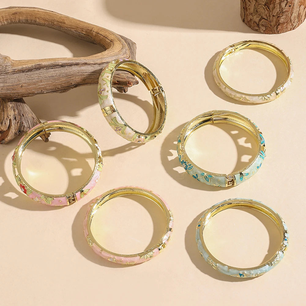FTCY 2 PCS Enameled Bracelets For Women Vintage Hollowed Small Flower Cloisonne Women's Bangles Party Jewelry Gifts