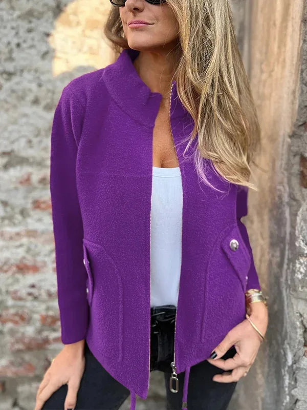 Lightweight Casual Zipper Cardigan Wool Jacket For Women's Autumn Stand Collar Tether Pocket Loose Versatile Female Wool Coat