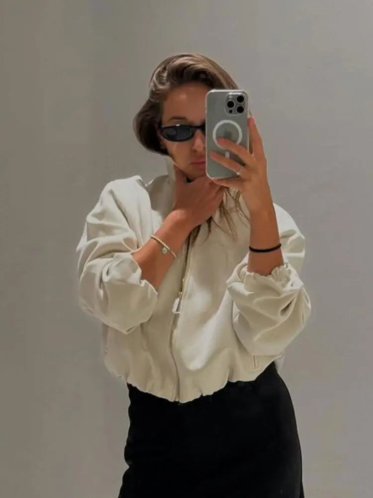 HH 2025 Autumn Street Fashion Solid Bomber Jackets Simple Lapel Zipper Fly Long Puff Sleeves With Pockets Women's Casual Coats