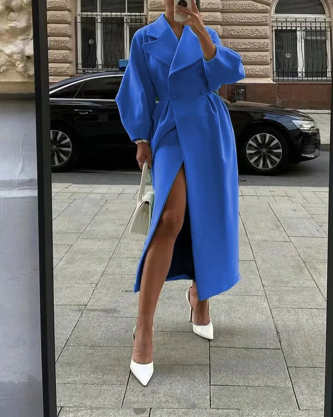 Autumn Lantern Sleeves Women Vintage Court Coat Lapel Double Row Button Office Women's Long Jacket Windbreaker Thick Street Coat